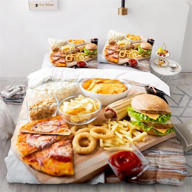 Kreativer Fast Food Bettbezug Pizza Hamburger Druck Bettdeckenbezug Mikrofaser Bettwäscheset King Queen für Kinder Teenagerzimmer Deko