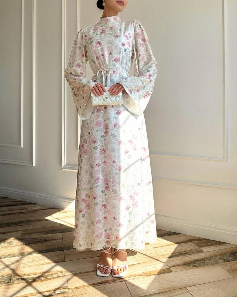 European and American Women's Clothing New Fashion Temperament Sweet French Horn Sleeves Thin Printed Dress Long Dress