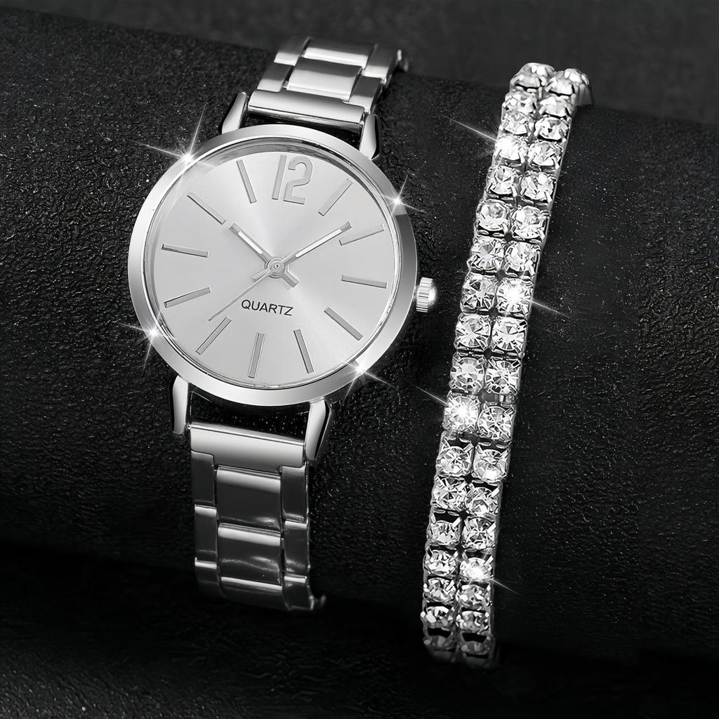 Women's Trendy Stainless Steel Quartz Watch & Bracelet Set