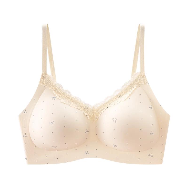Hot Milk Skin Floral, Seamless Underwear, Women's Small Breasts Gather and Show a Round Shape, No Steel Ring, Upper Support, Jelly Strip