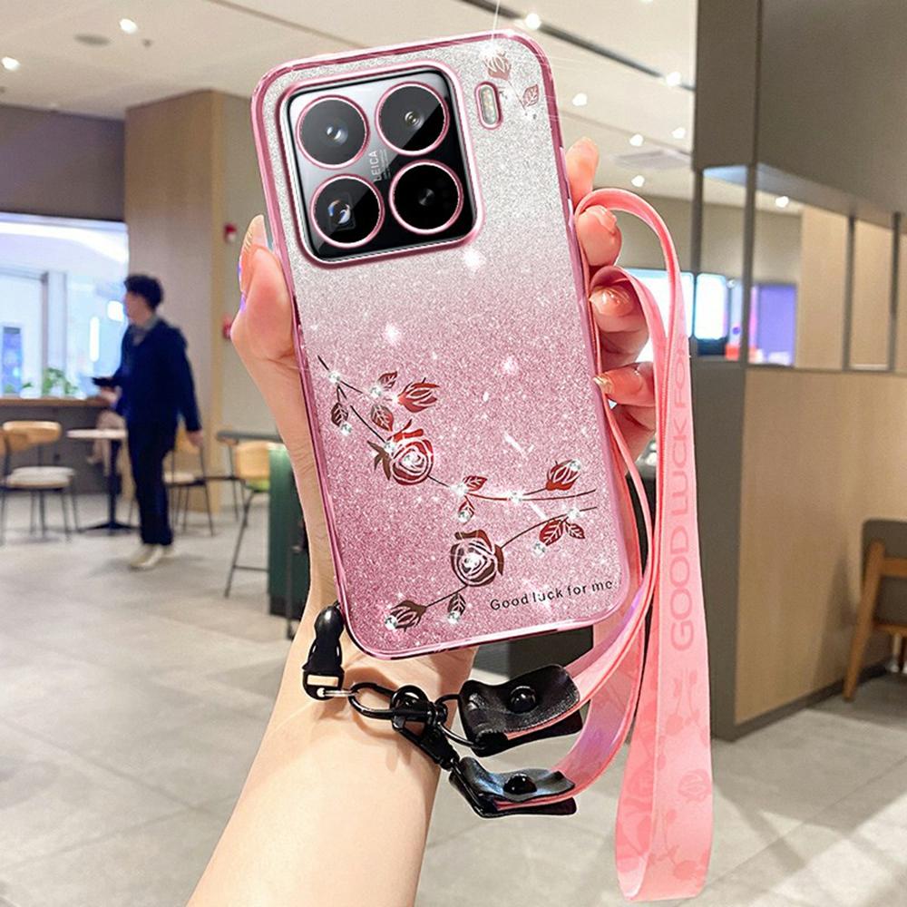 

KADEM For Xiaomi 15S Pro Case Flower Pattern TPU Gradient Phone Cover with Lanyards Rose Gold