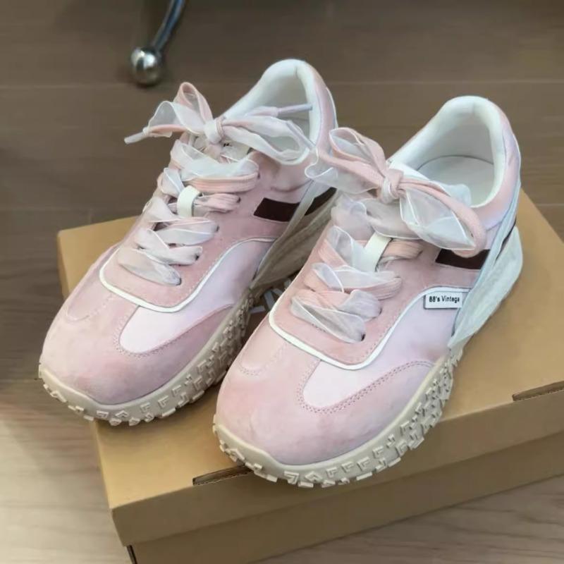 Genuine Leather~ Inner Height Increase of 7cm Women's New Small Platform Casual Shoes Ribbon Color Matching