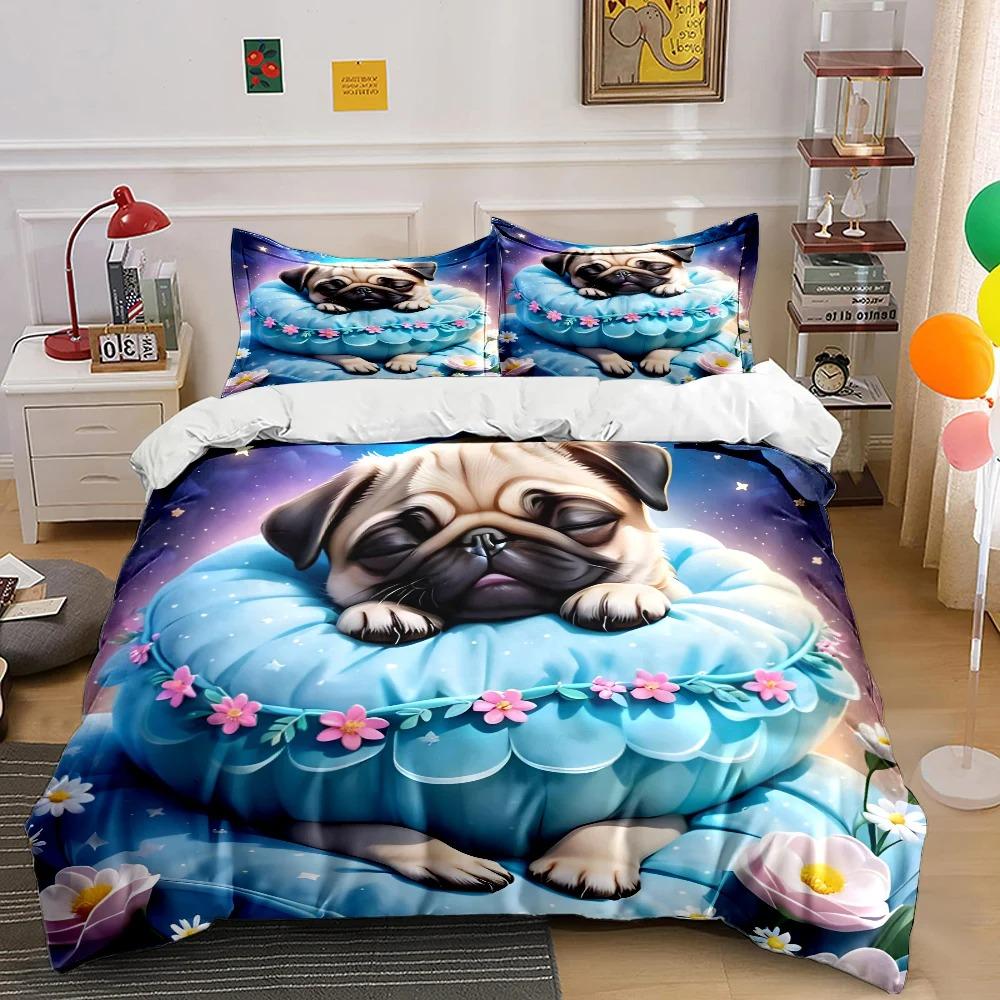 Cute Pug Print Bedding Set Sports Enthusiast 1 Duvet Cover 1/2 Pillowcases Adult and Children Bedding Set Luxury Gift