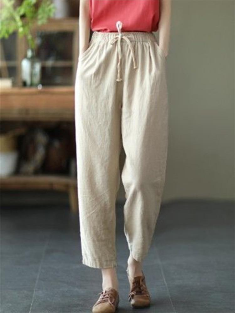 Harajuku Summer High Waist Elastic Women's Cotton Linen Wide Leg Capris Pants for Women Baggy Harem Pants Woman Trousers
