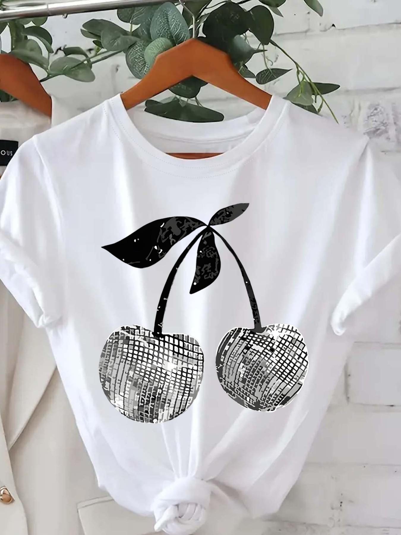 

European size Silvery Cherry Graphic Print T-Shirt, Short Sleeve Crew Neck Casual Top for Summer& Spring, Women S Clothing 4XL білий