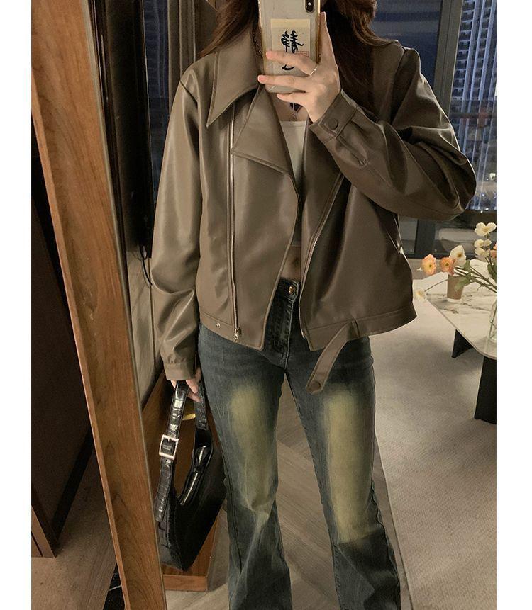 Women's Slimming PU Leather Jacket - Spring/Autumn, Lapel, Petite and Versatile Fashion