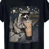 Fun Raccoon Drinking Iced Coffee T-Shirt, Casual Round Neck Raccoon Pattern,