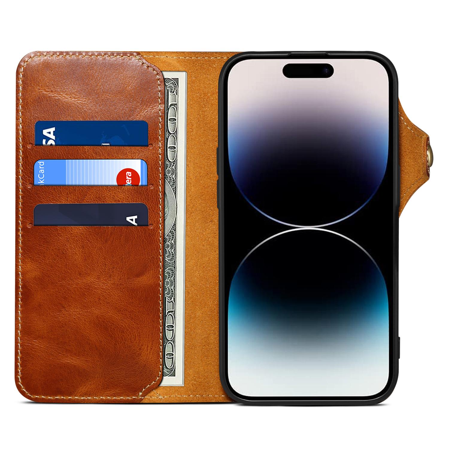 

For iPhone 16 Pro Case Waxy Genuine Cow Leather Phone Wallet Shockproof Cover Black