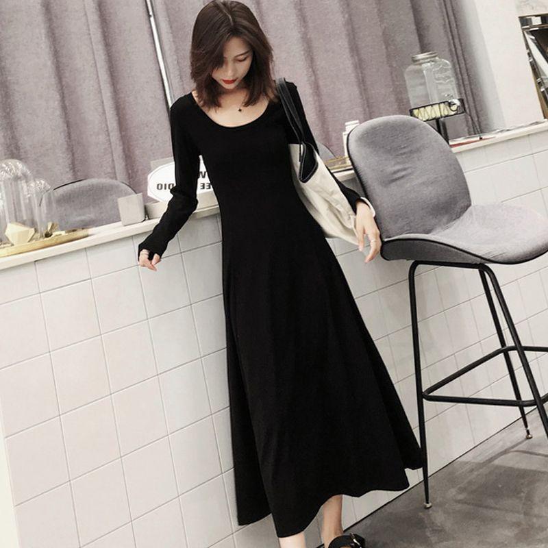 Hepburn-Style Slim-Fit Long Black Dress - Cinched Waist, Elegant Spring/Autumn 2026
