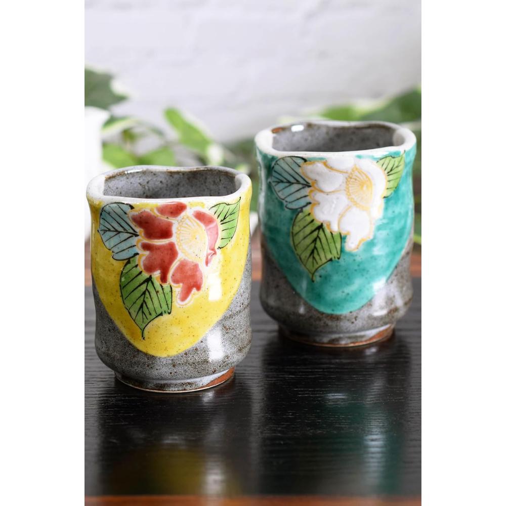Waza no Kura Stylish Pair of Kutani Ware Teacups Teacups with Colorful Camellia Design Ceramic Brand Japanese Tableware Made in Japan Perfect Gift for серый