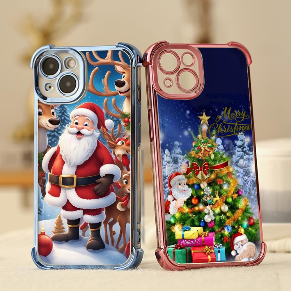 Ae119 Merry Christmas Santa art design Electroplated TPU Phone Cases for iPhone 16 15 13 11 Pro Max 14 XR Infinix Smart 8 Four Corner Protection Cover