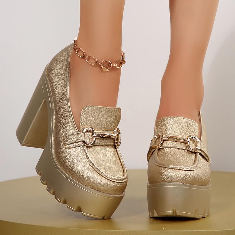 Fashion Slip On Chunky Heel Loafers for Women Gold Silver High Heels Platform Pumps Woman Metal Decoration Banquet Party Shoes