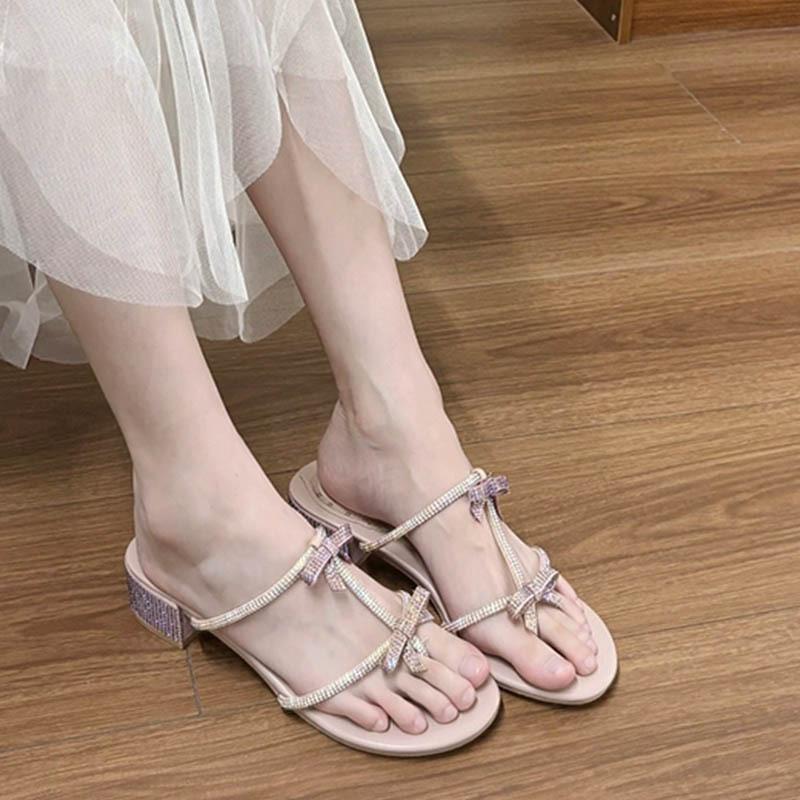 New Fairy Rhinestone Sandals Summer New Bow T-strap Toe High-heeled Sandals
