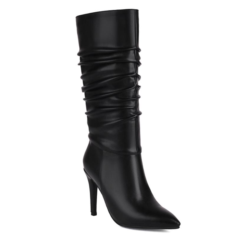 

Модные женские высокие сапоги, новинка 2024 года, плиссированные сапоги до колена, осень-зима, черные, коричневые, на тонком каблуке, длинные туфли, женские, большой размер 45 42 чёрный