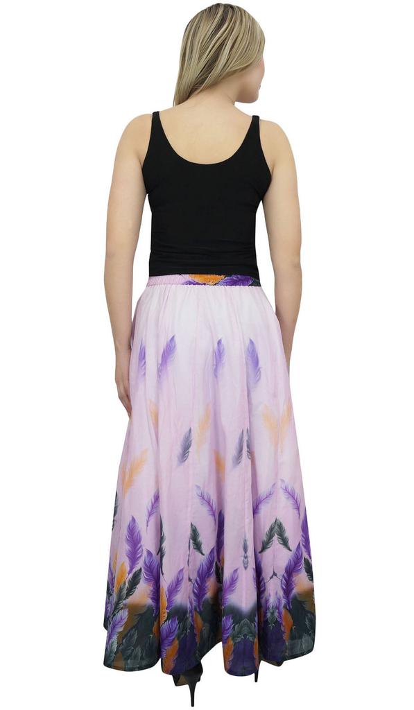Bimba Women's Purple Feather Printed Cotton Elastic Waist Summer Long