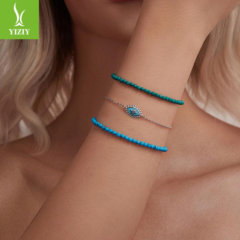 Blue Turquoise Bracelet Women'S, French Premium Sense Simple Diy Beaded Bracelet 925 Sterling Silver