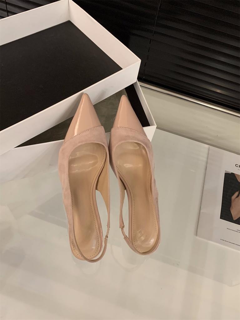 Pointed High Heels, Pink Bag Head Sandals, Fairy Shoes 2025 New Spring and Summer French Temperament Splicing Single Shoes