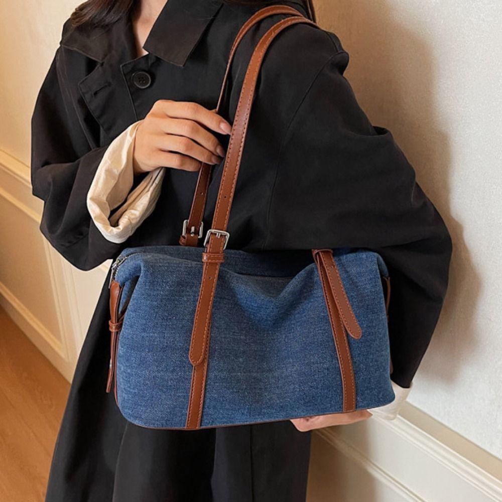 Cute Korean Style Denim Tote Bag Solid Color Tote Bag Large Capacity Handbag PU Leather Large Capacity Underarm Packs Girls