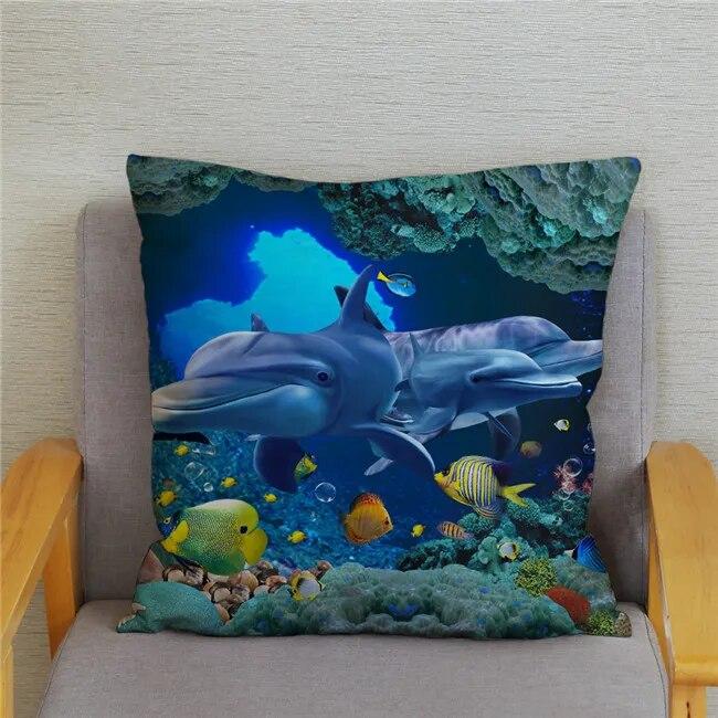 Cushion Cover Ocean Dolphin Pattern Underwater World Print Pillow  Kids Sofa Home Decor