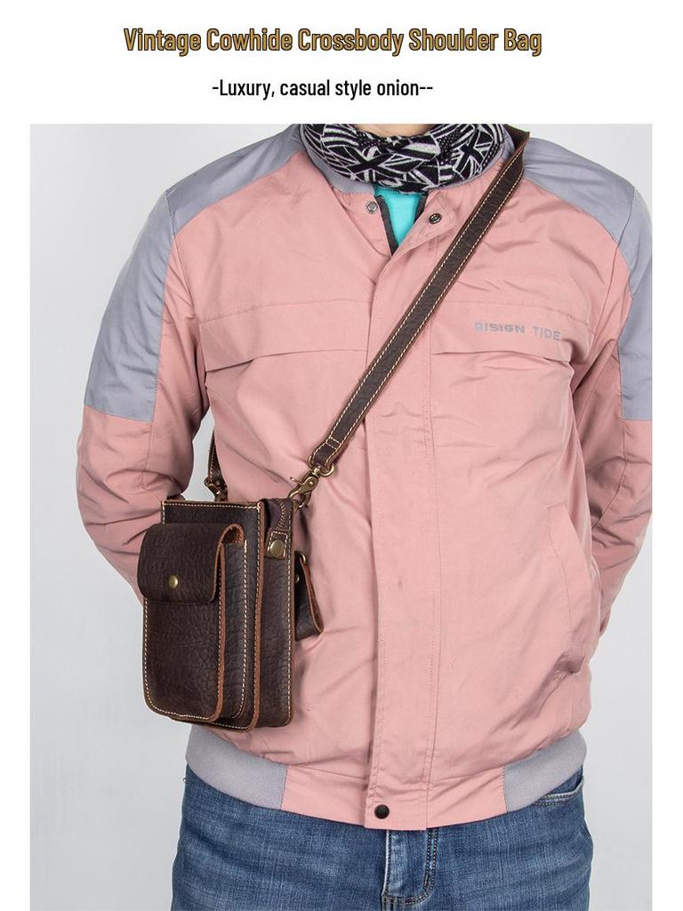 Pánská vintage ručně vyrobená kožená crossbody taška přes rameno z hovězí kůže s poutkem na opasek pro mobilní telefony