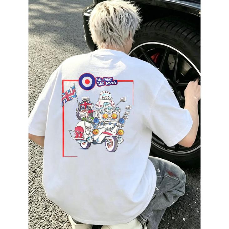 White T Shirt with Mod Motorcycle And British Flag Print We Are The Mods Text for Casual Streetwear Style S белый