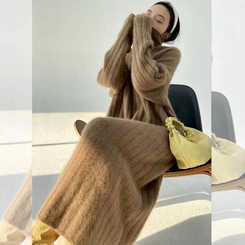 

Французское вязаное платье, женское осенне-зимнее шерстяное платье средней длины с высоким воротником, женское однотонное платье-свитер с длинными рукавами, женские топы One Size верблюд