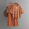 Contrasting stripes fashion suit summer new casual loose knitted wide-leg pants two-piece set