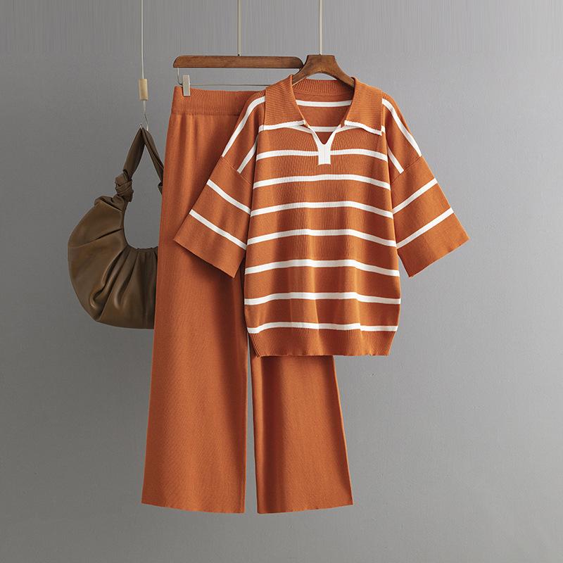 Contrasting stripes fashion suit summer new casual loose knitted wide-leg pants two-piece set