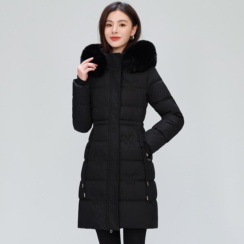 Medium and Long Butterfly Print Thin Cotton Clothes Women's Large Size Velvet Waist Hooded Large Fur Collar Cotton-padded Clothes