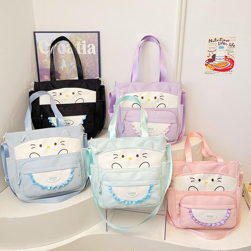 Cartoon Cat Crossbody Bag College Style Large Capacity Shoulder Tote Bag Student Class Book Bag