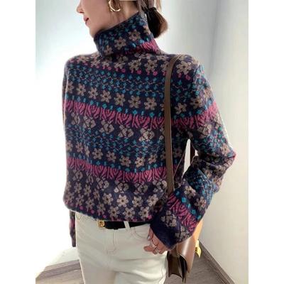 Retro Jacquard Rollkragenpullover für Damen im Herbst und Winter Lockerer Pullover Lange Ärmel Modisch Stilvoll Innenpullover Außen