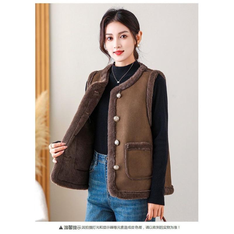 Damen Winter Fleecegefütterte Weste Wendbare Wildleder Ärmellose Jacke Warme Knopfleiste Weste mit Taschen