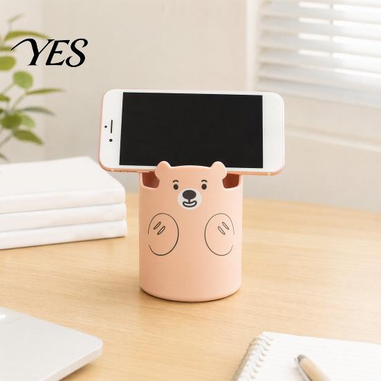Pen Storage Cup Cute Bear 2-in-1 Holder & Phone Stand, Macaron Colors Desk Organizer, Large Design Capacity for Pens Makeup Brushes Scissors