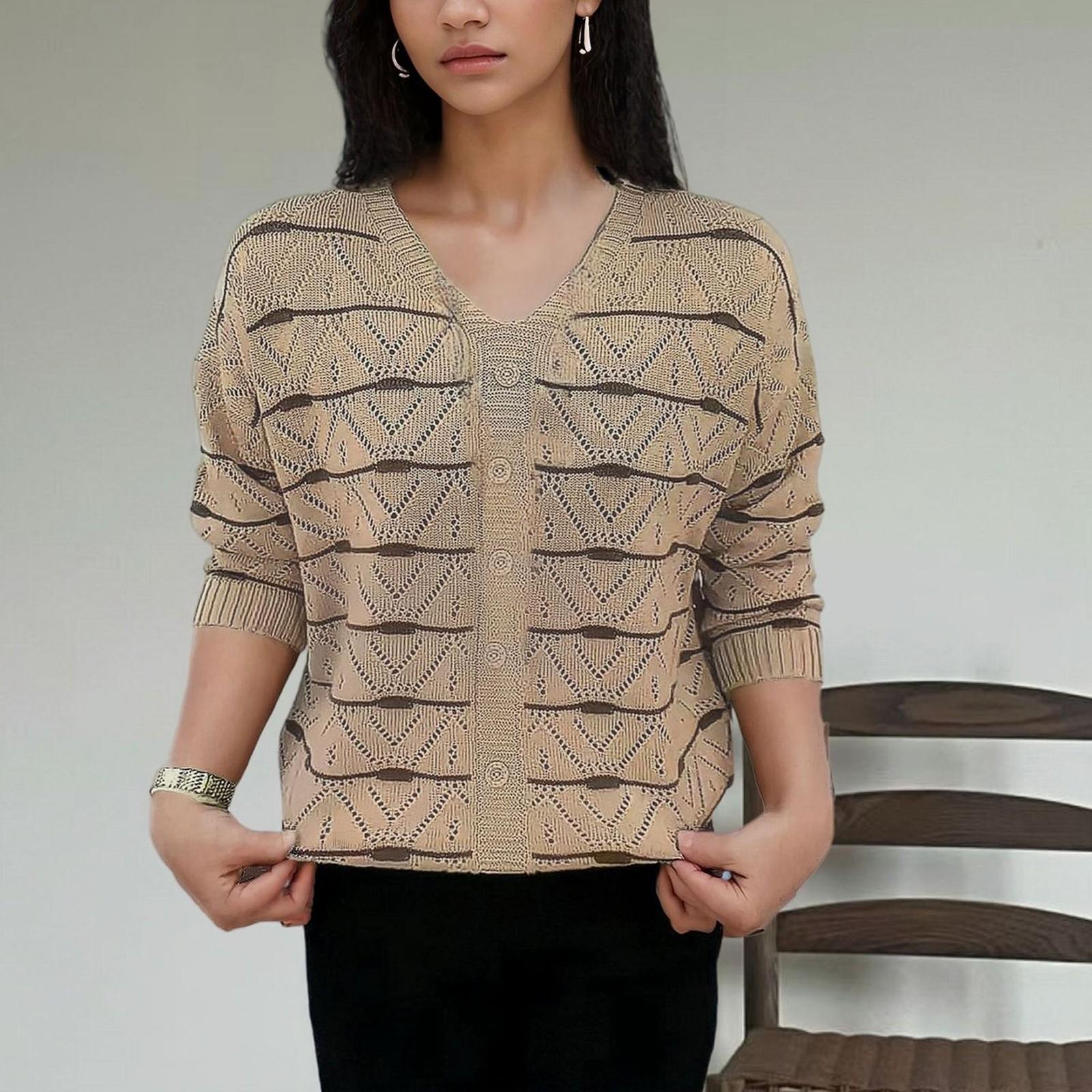 

Женская мода, ажурный полосатый трикотаж, однобортный кардиган L бежевый