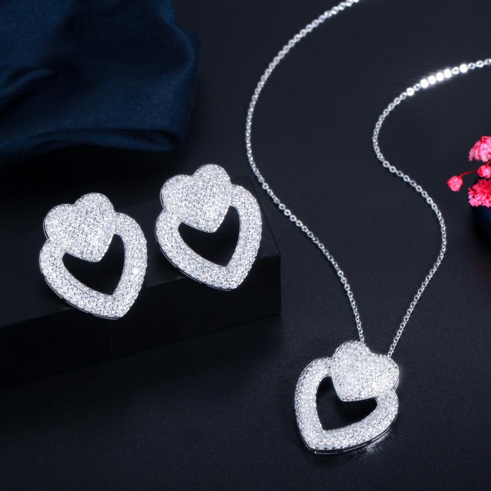 

Popular Jewelry Peach Heart Shape Micro-Inlaid Zircon Set Chain Love Stud Earrings Necklace Full Of Diamonds Two-Piece Set
