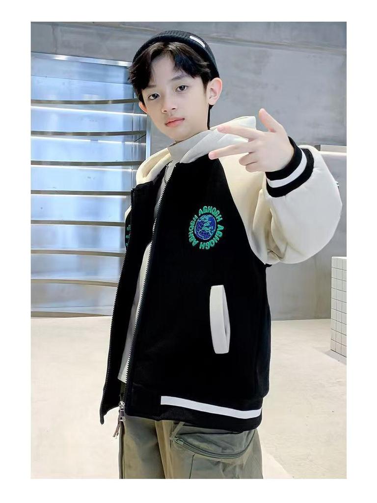 Jungen Mittlere-Große Koreanischer Stil Patchwork Kapuzen-Baseballjacke - Frühling/Herbst 2025