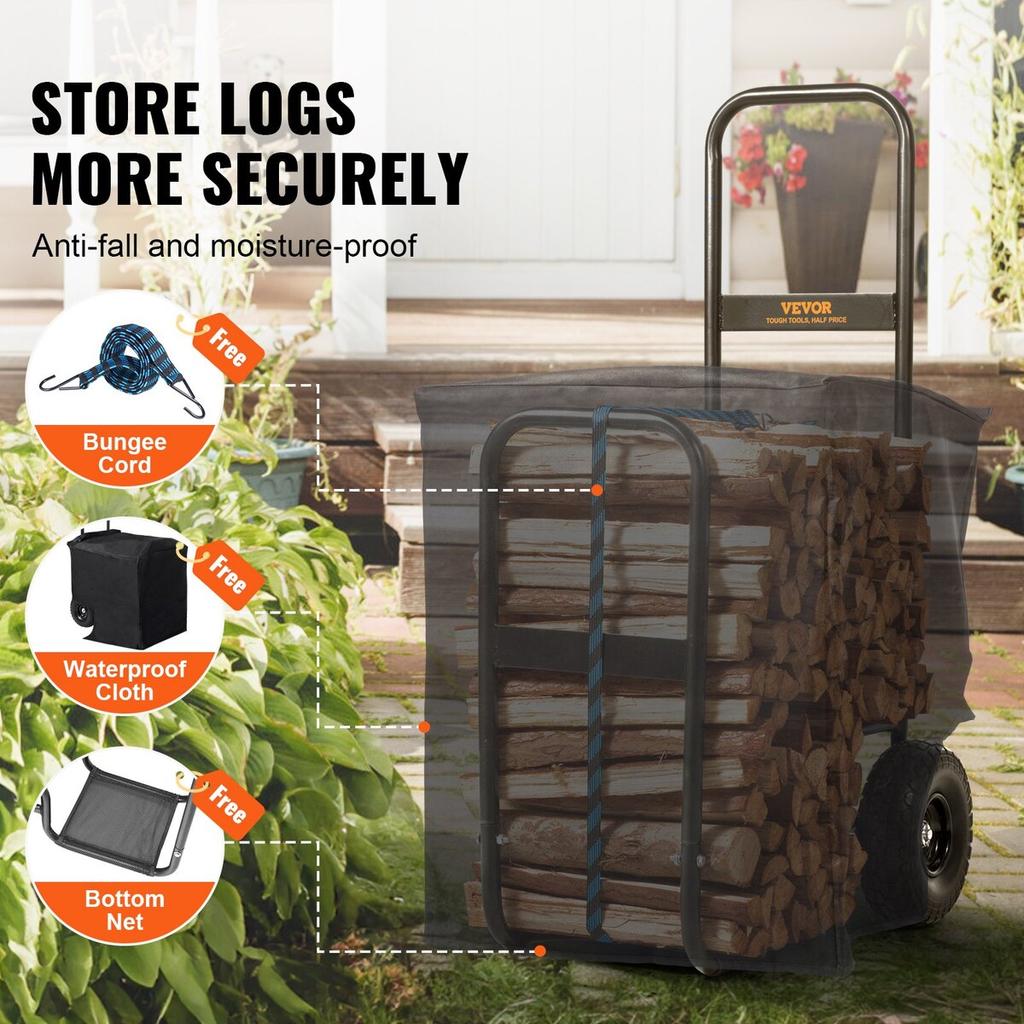 Firewood Log Cart, 113.4 kg Capacity, Outdoor and Indoor Wood Rack Storage Mover with PU Wheels & Waterproof Cloth, Heavy Duty Steel Dolly Hauler,