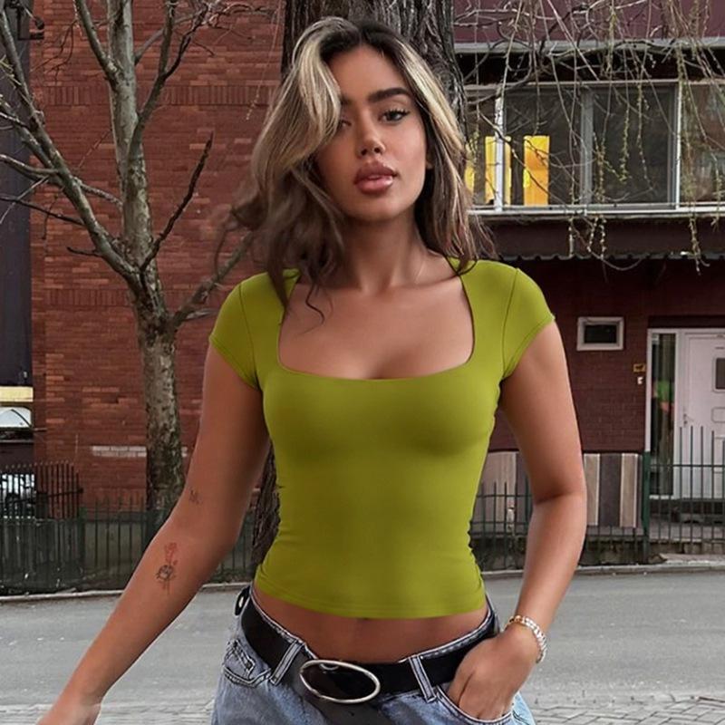 

Women s T-shirt Summer Short Sleeve Solid Color Square Neck Slim Fit T Shirts Women Fashion Street Simple Casual Hot Girls Tee Tops L