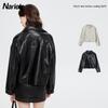 Damen PU-Lederjacke Lässig Chic Moto-Stil Kurzer Mantel Mit Stickerei Halbhoher Kragen Normale Passform