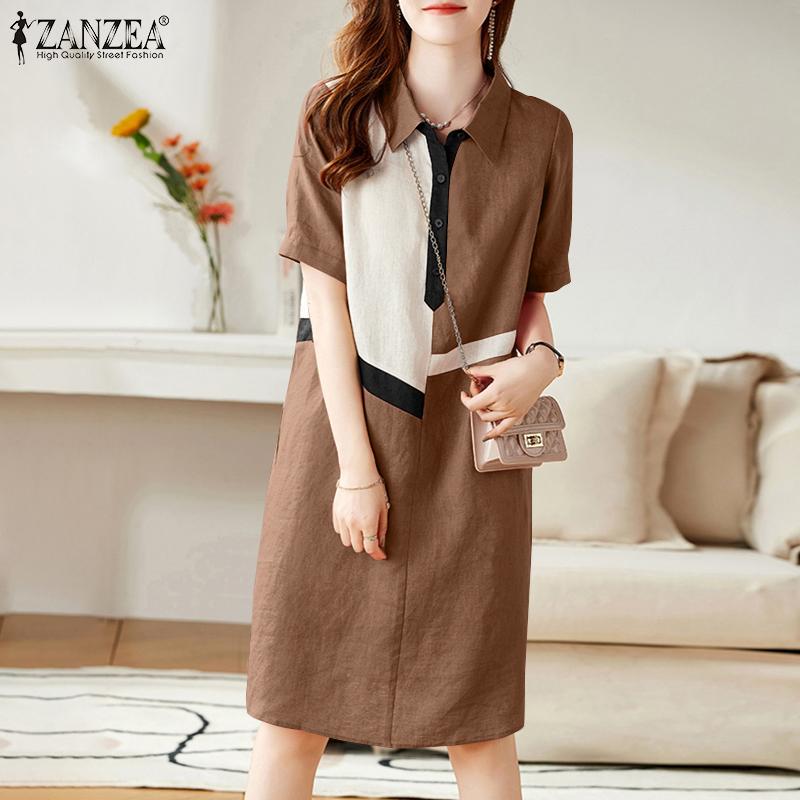 ZANZEA Women Casual Turn Down Collar Short Sleeve Shirt Dress
