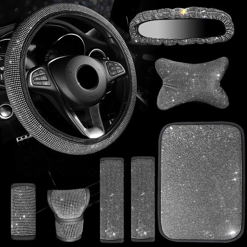 8Pcs Women Car Steering Wheel Cover Armrest Mat Seat Belt Gear Shift Pull Rearview Mirror Cover Headrest Car Accessories Set