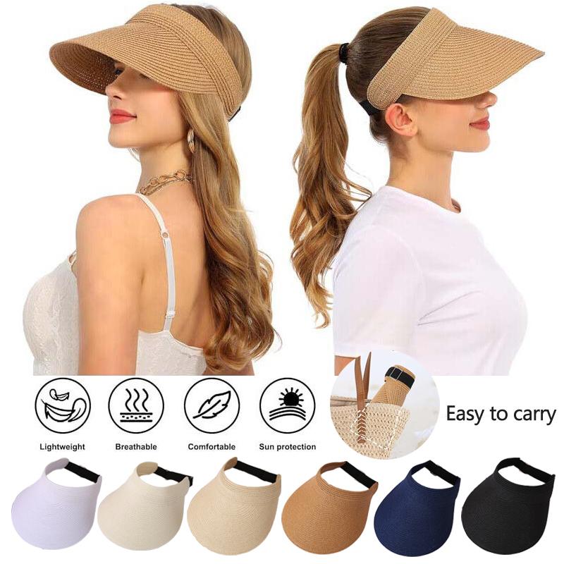 Summer Women's Wide-brimmed Sun Hat Foldable Solid Color Leisure Holiday Empty Top Breathable Straw Hat UV-proof Beach Hat