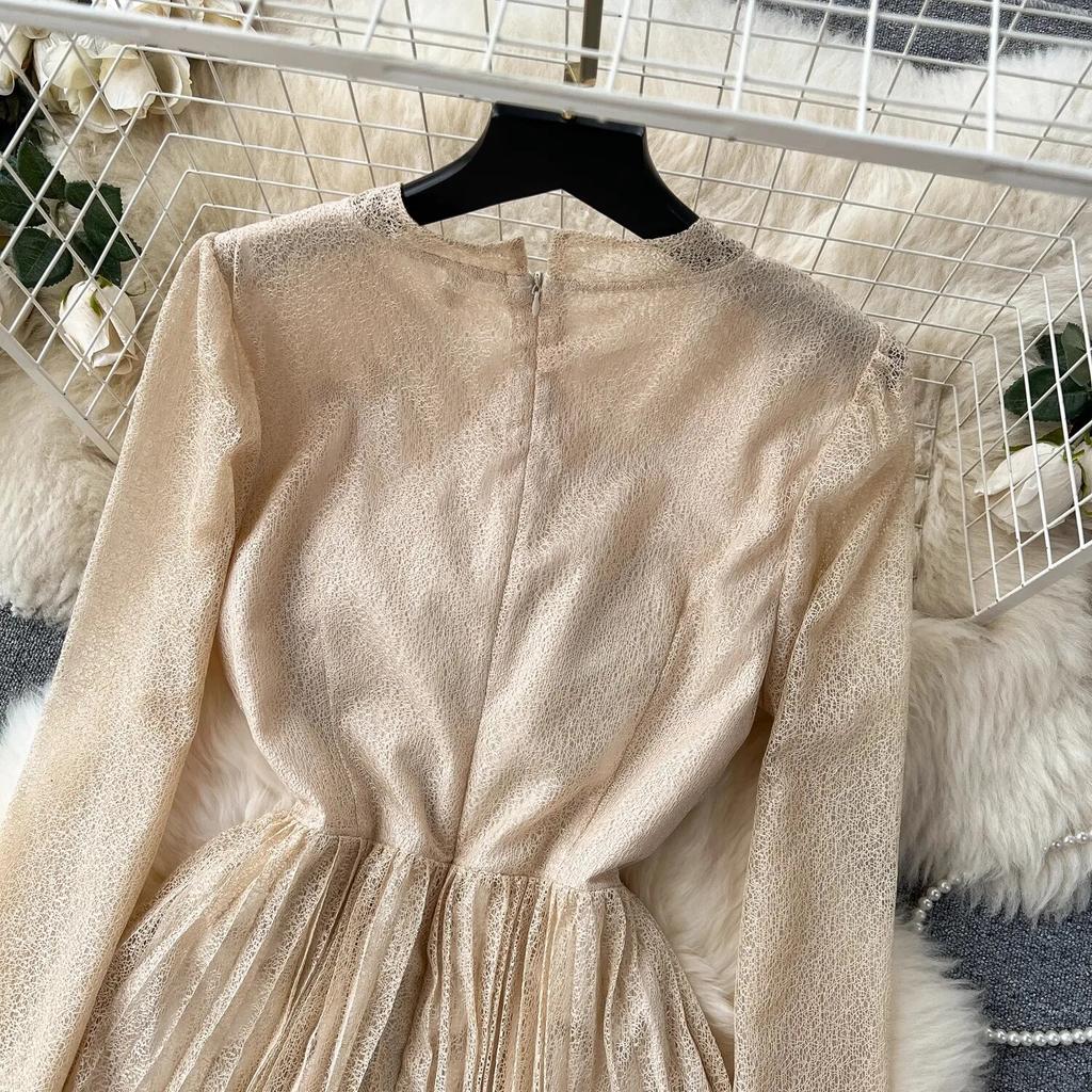 Neue Mode Französisch Elegante Spitze Blume Stickerei Vintage Party Kleid frauen Lange Sleeve Zipper Aushöhlen Midi Plissee Robe