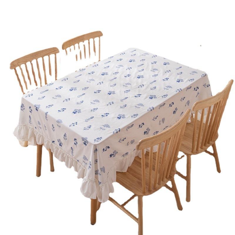 Small Fresh Cotton White Background Embroidered Flower And Grass Skirt Pleated Lotus Leaf Fungus Edge Coffee Table Tablecloth Dining Table Cloth