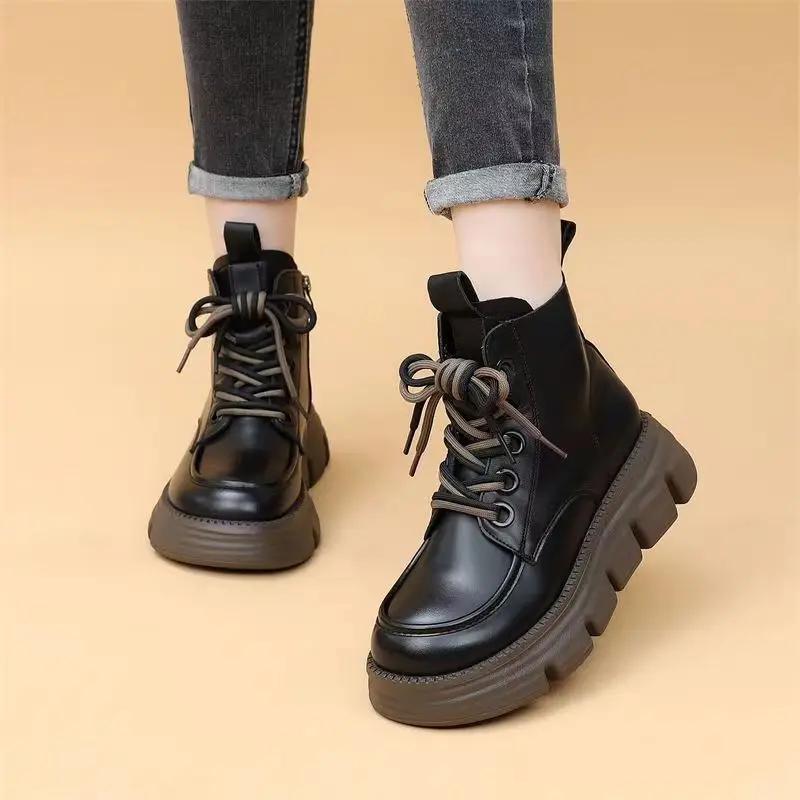Fashion Punk Style Combat Chunky Booties with Laces Women's Ankle Boots Round Toe Leather Female Short Shoes Platform Lace-up On Offer