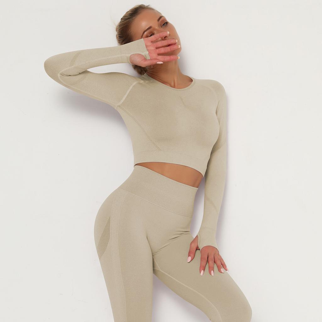 Nahtloses Yoga Langarmshirt Hoher Stretch Plissiertes Körperformendes Langarm Fitness Yoga Oberteil für Damen
