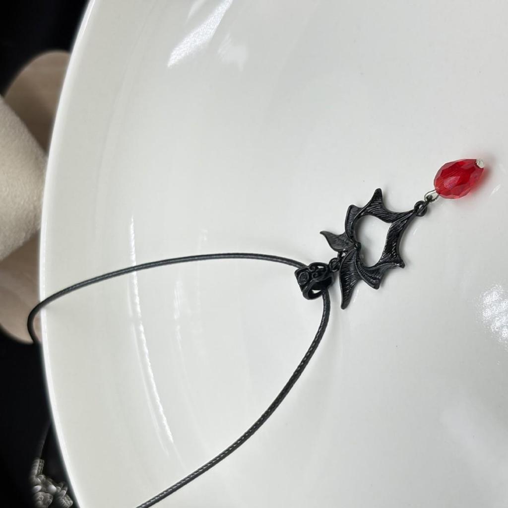 Gothic Ruby Heart Bat Wing Pendant Necklace