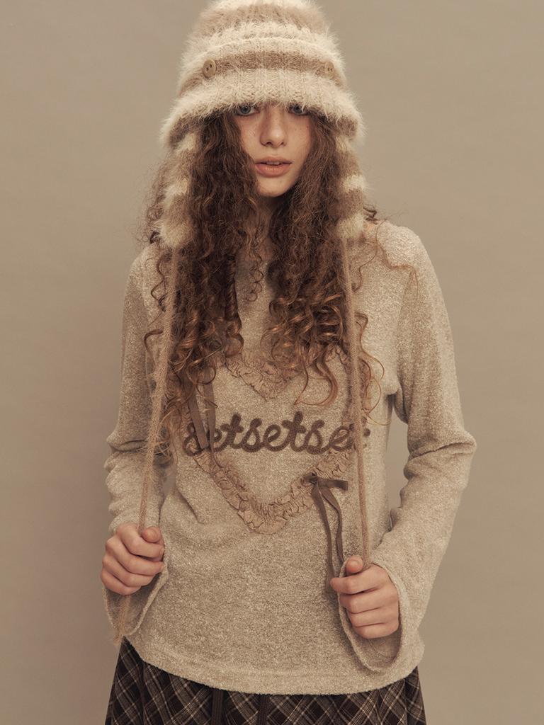 SETSETSET Moon Heart Ruffle Knit Top Beige