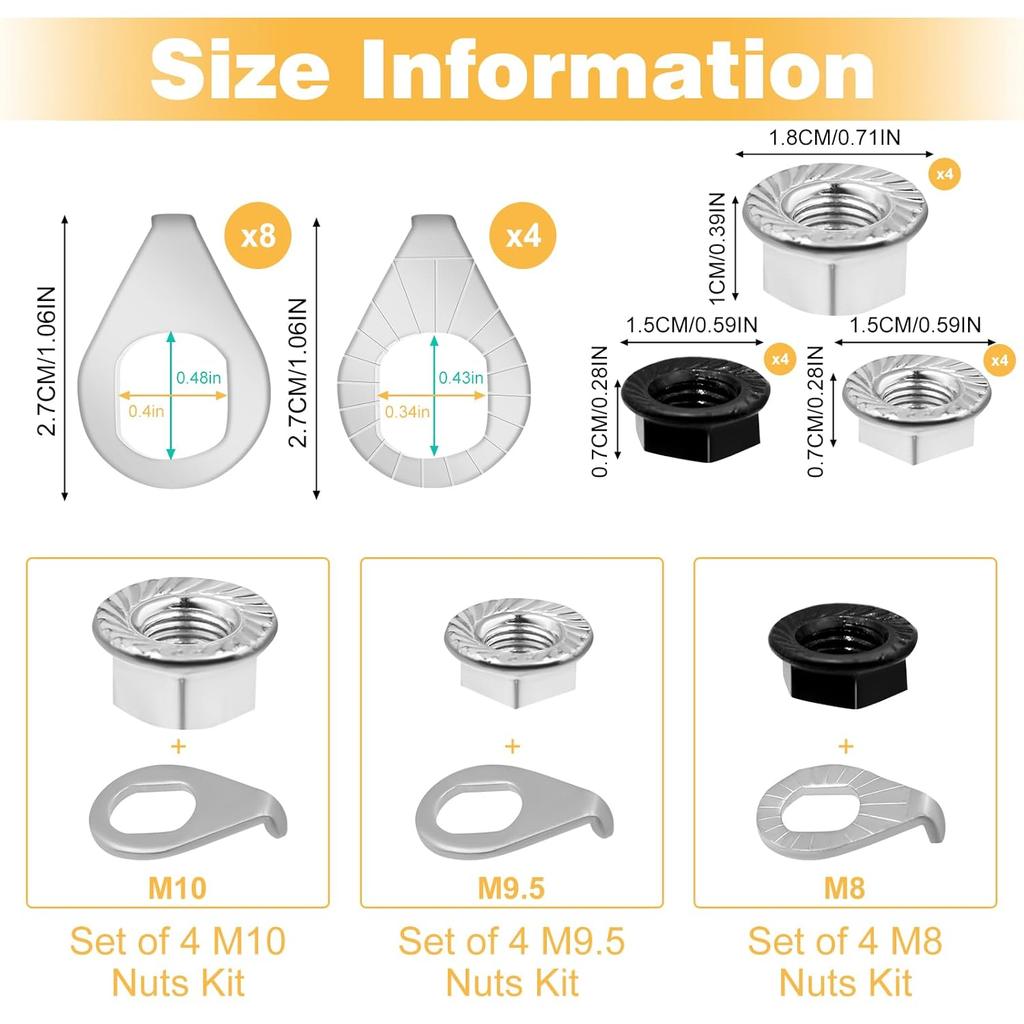 24PCS Bike Axle Nuts & Safety Washers Kit, 3 Sizes M8/M9.5/M10 Bicycle Wheel Hub Nuts, Front & Rear Wheel Replacement Parts For