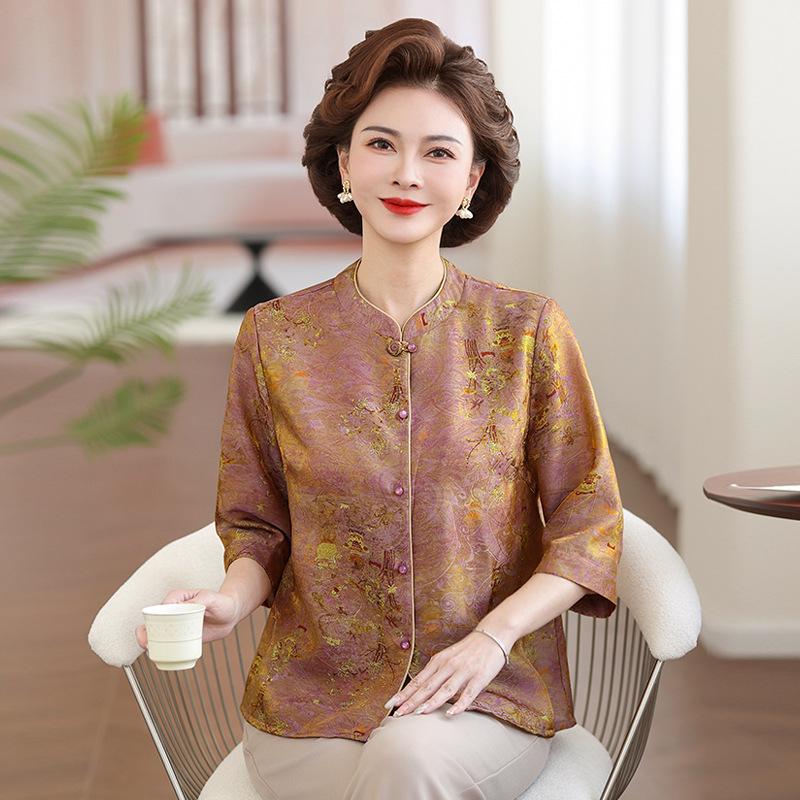 Women's Mid-Aged & Elderly 7-Sleeve Frog Button Shirt - New Chinese Style Spring/Summer Cardigan with Printed Top